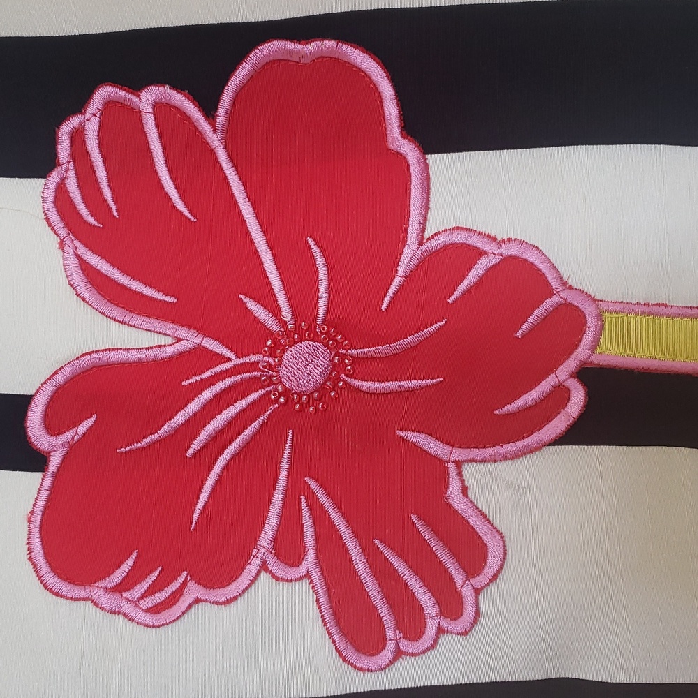 Vintage Upcycled Silk Pencil Skirt Striped Floral Appliqué Black Red | Size 12 - Picture 6 of 10